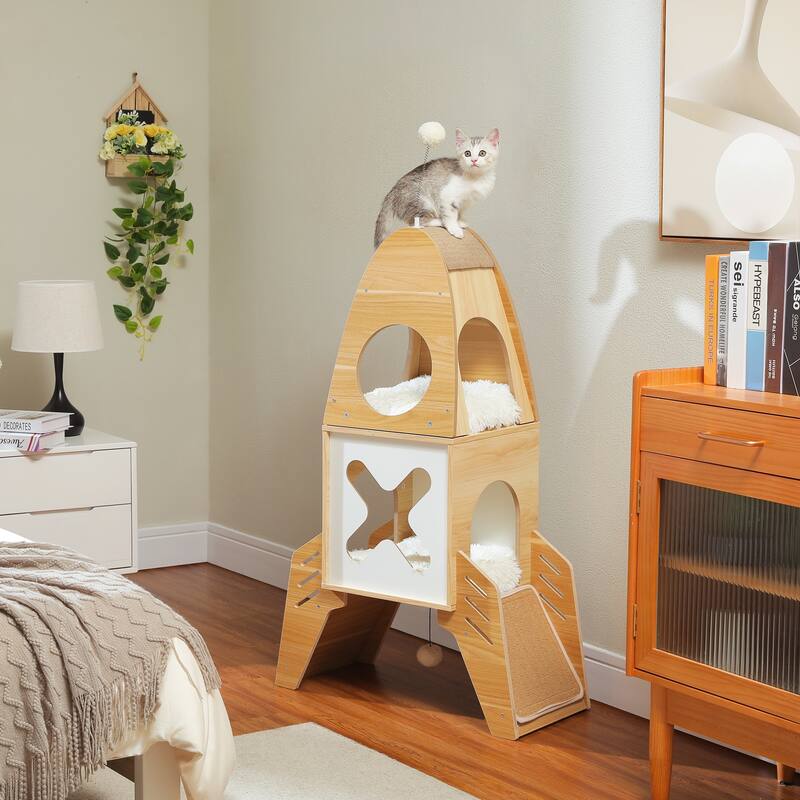 Modern Rocket Shape Multi-level Cat Tree with Condos & Dangling Balls