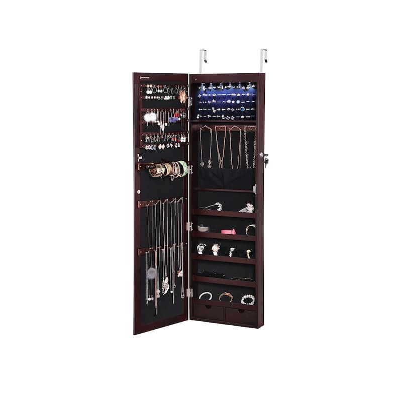 6 LEDs Mirror Jewelry Cabinet, Lockable Wall/Door Mounted Jewelry Armoire Organizer with Mirror 2 Drawers
