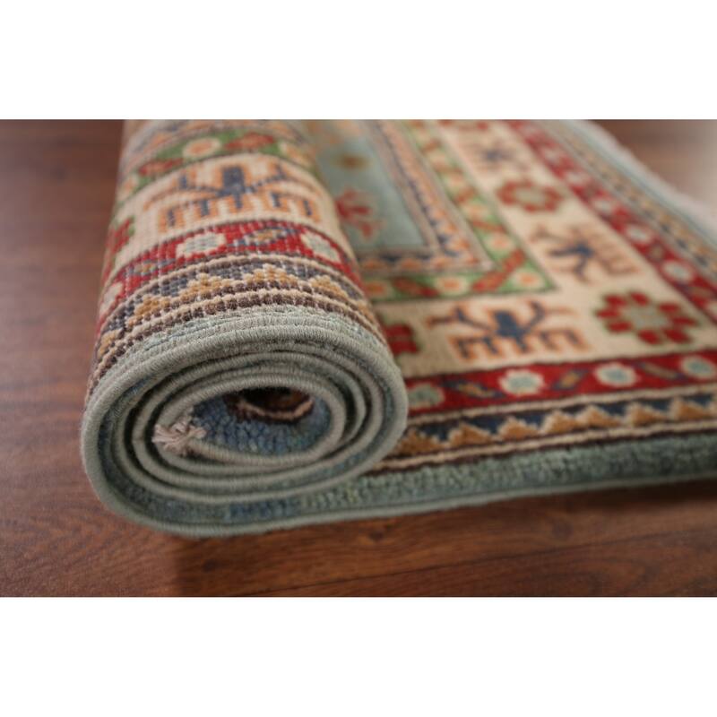 Light Blue Geometric Kazak Accent Rug Hand-Knotted Foyer Wool Carpet - 2'8" x 4'3"