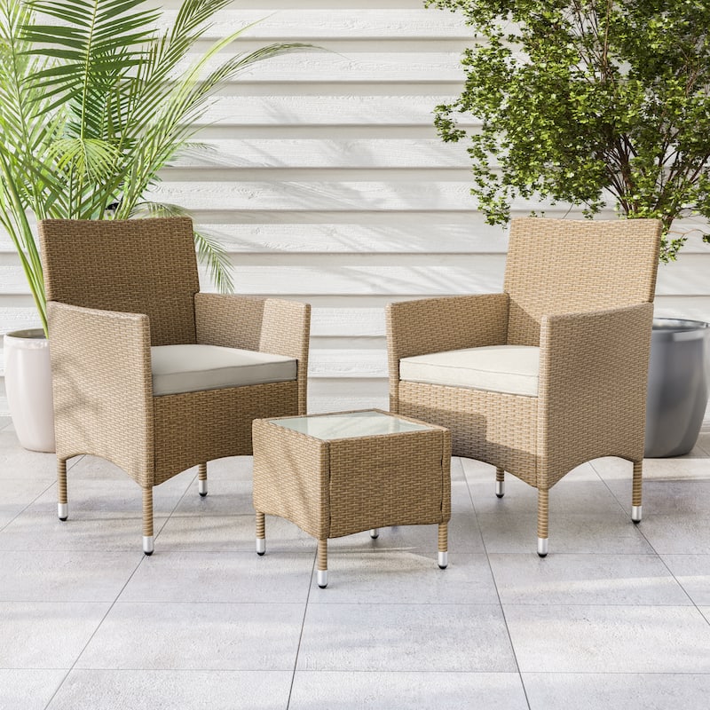 Zaara Compact Contemporary Wicker 3-Piece Outdoor Wicker Conversation Set by M&L Co - Natural