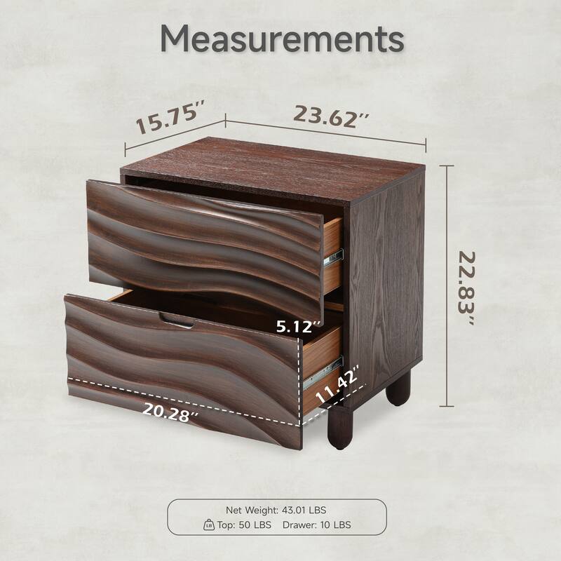 COZAYH Contemporary Wooden Nightstand Featuring 3D Wave Fronts, Modern Storage Dresser with Groove Handles