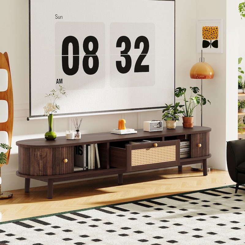 Roomfitters 75" TV Stand with Rattan Drawer, Media Console with 1 Drawer and 2 Sliding Cabinets, Modern Design, Dark Brown