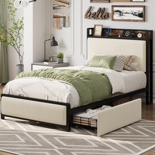 Twin Size Bed Frame with 2 Storage Drawers and Charging Station