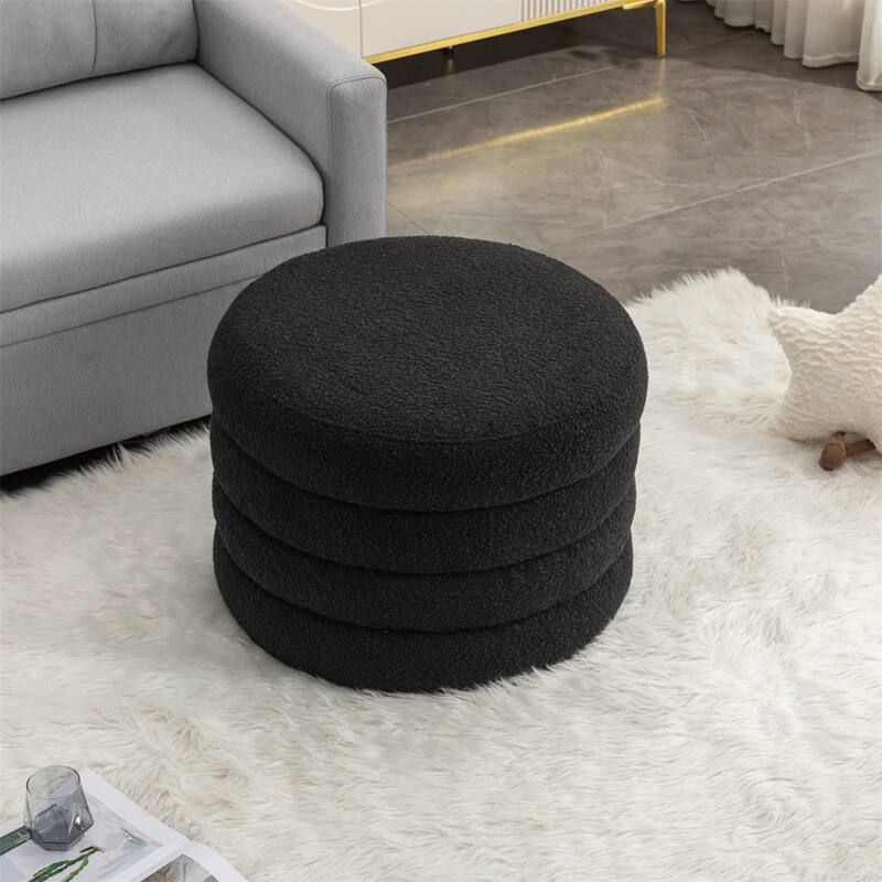 Fabric Storage Round Ottoman Footstool with Wooden Shelving