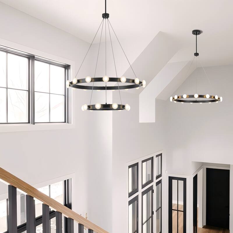 15/24-Light Mid-Century Modern Black Integrated LED Large Wagon Wheel Chandelier for Dining Room/Living Room