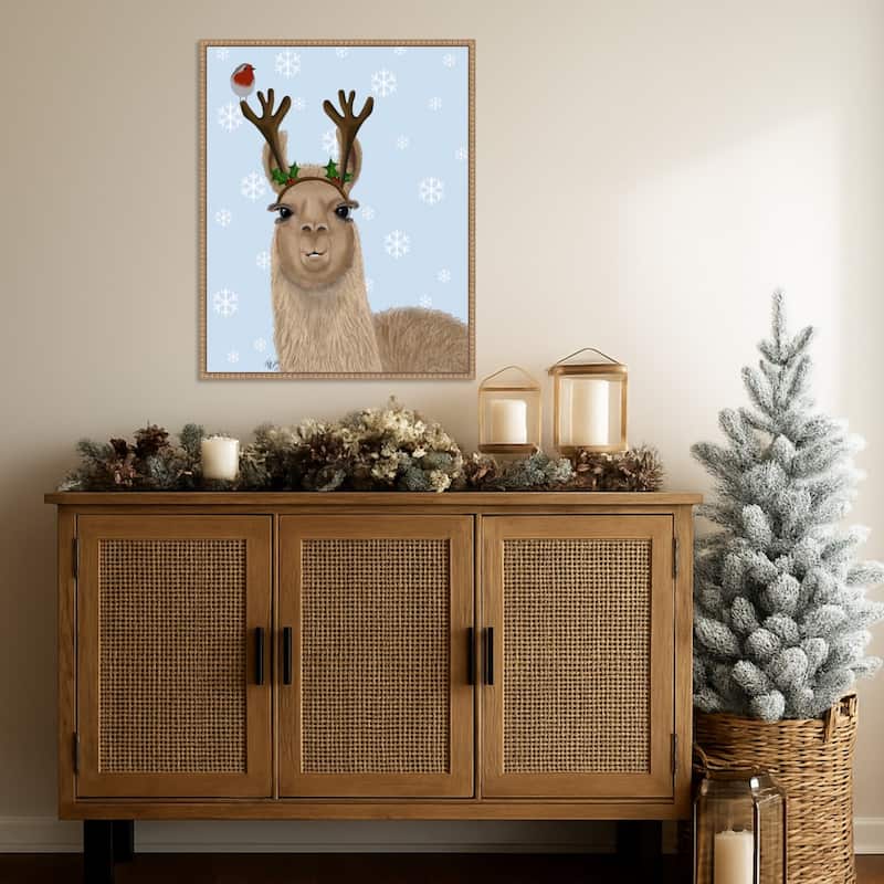 Llama Antlers by Fab Funky (23 x 28 in.), Framed Canvas Wall Art Print - Sylvie Beaded Rustic Natural