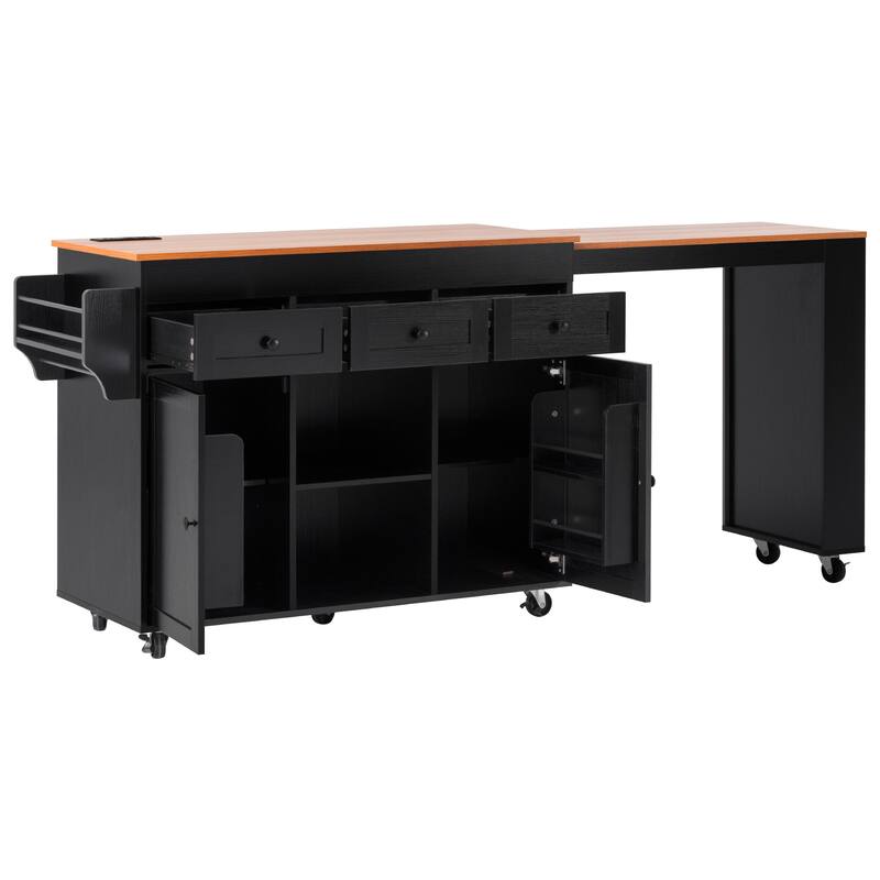 Roomfitters 85.5" Rolling Kitchen Island with 40.9" Extendable Dining Table, Power Outlet, 3 Drawers & 2 Doors