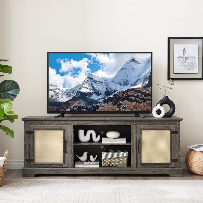 Farmhouse Rattan TV Stand Console Table - Antique Grey