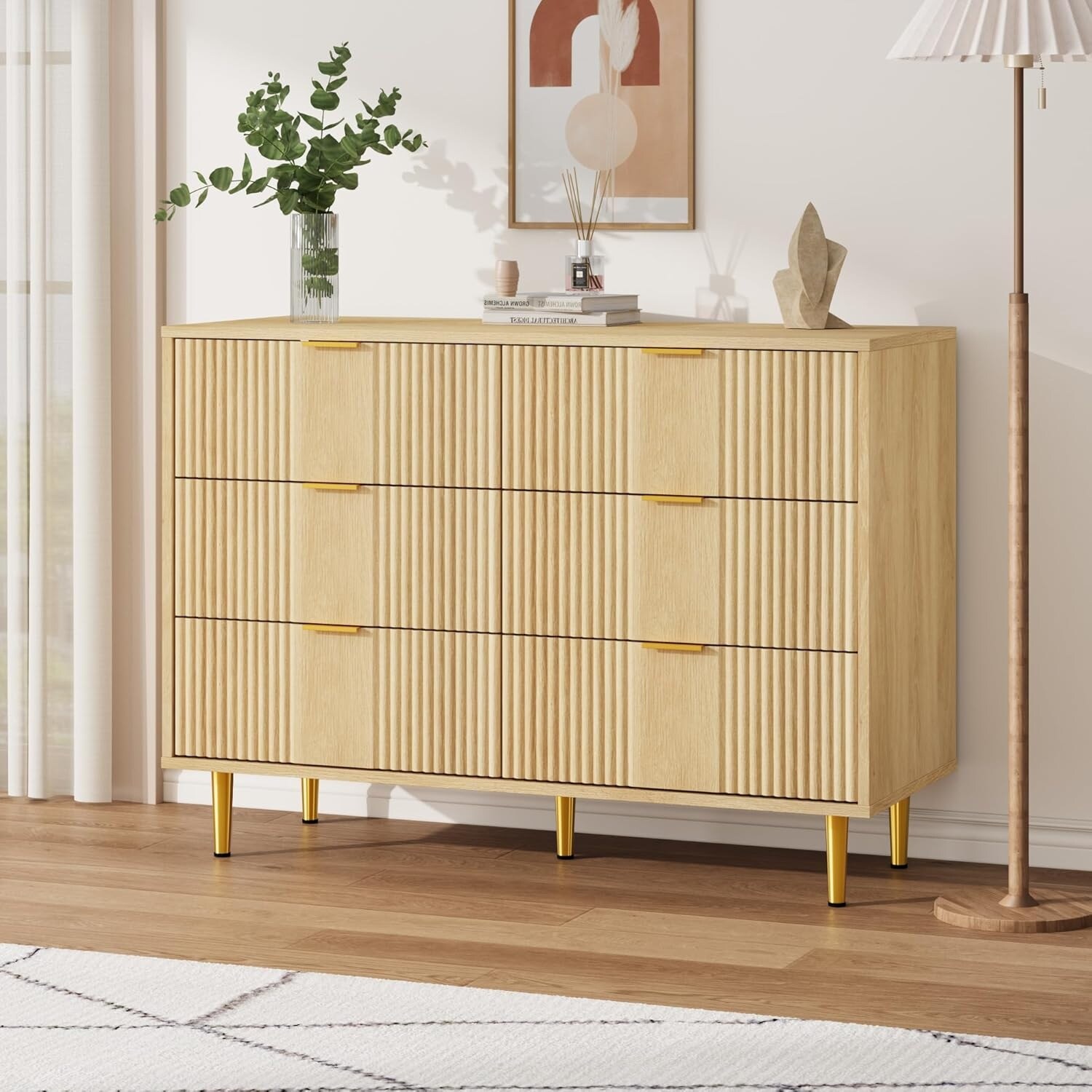 Fluted Dresser for Bedroom, Modern Chest of Drawers with Metal Handle, Wooden Closet Clothes Storage Organizer