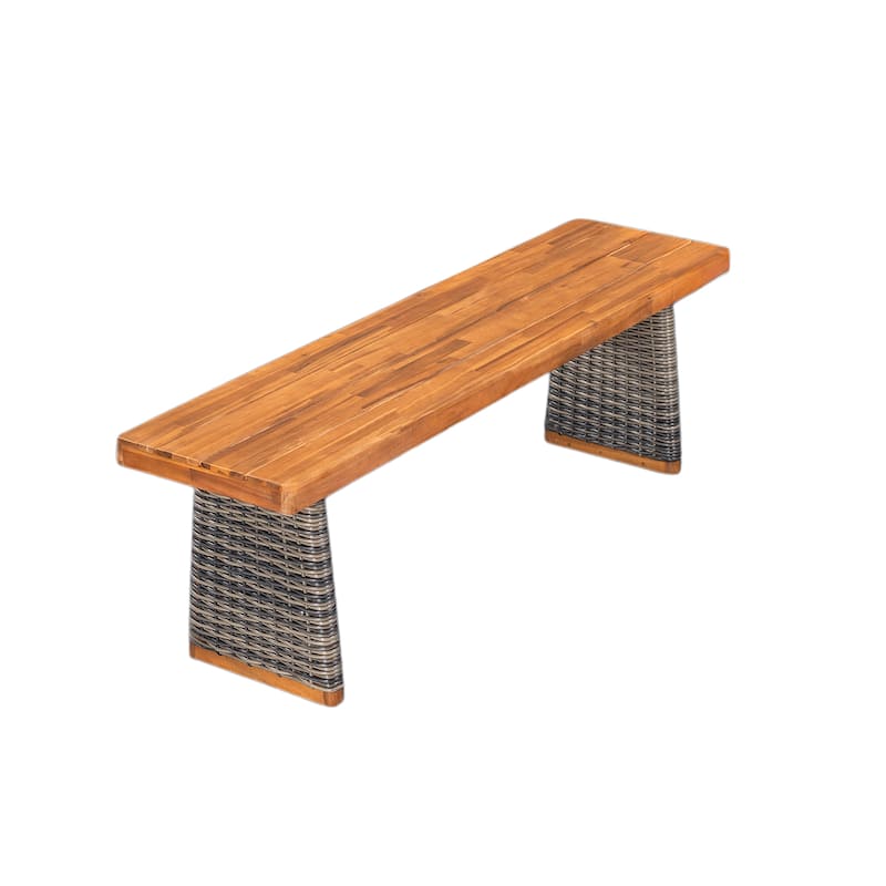 Outdoor 1pcs Acacia Wood Bench, Teak Finish+ Grey Wicker