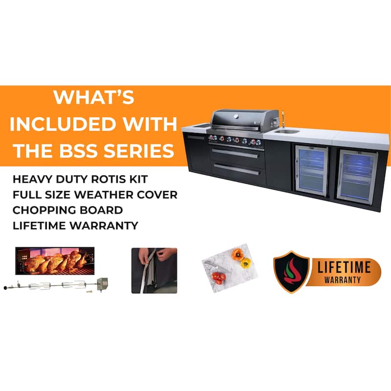 Mont Alpi 119"W x 23"D Black Stainless Steel Premium Modular Outdoor Kitchen Island with Refrigerator + 44"W 6-Burner BBQ Grill