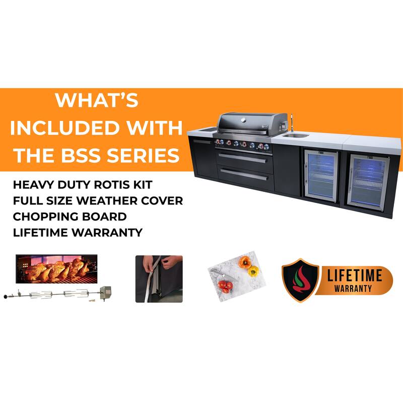 Mont Alpi Premium 94"W x 23"D Black Stainless Steel Modular Outdoor Kitchen Island with Refrigerator + 44"W 6-Burner BBQ Grill