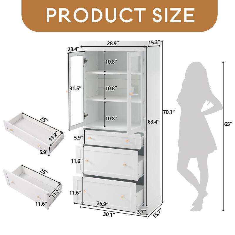 70.1" Modern High Freestanding Tall Bathroom Cabinet with 2 Adjustable Shelves, 3 Drawers, Soft Close Glass Doors