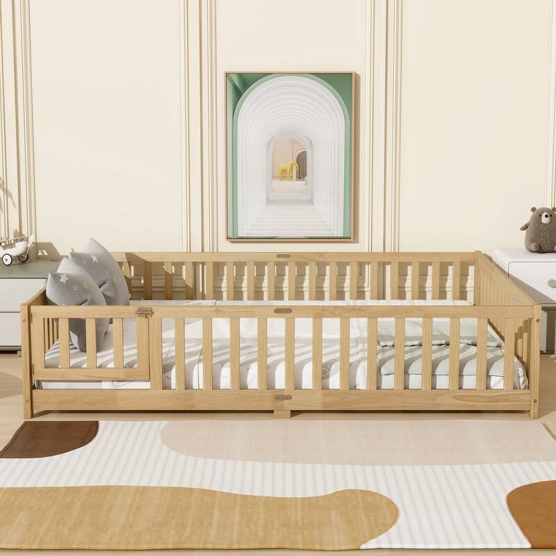 Queen Size Rubber Wood Floor Bed with Fence, Door, Safety Guardrails