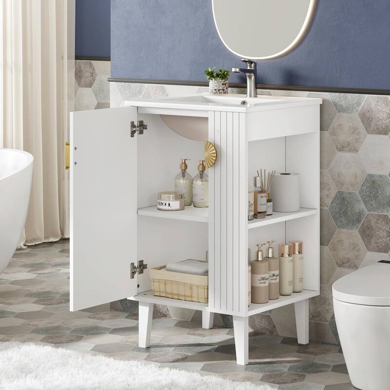 French Style 20-inch Freestanding Bathroom Vanity with Ceramic Sink - White