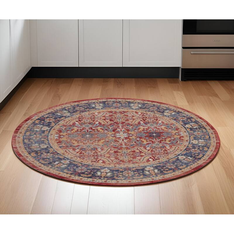 Fekor Power Loomed Distressed Geometric Floral Traditional Non Skid Area Rug By HomeRoots - 72' X '72' X '0.5 - 72' X '72' X '0.5 - Oxford Blue - Round