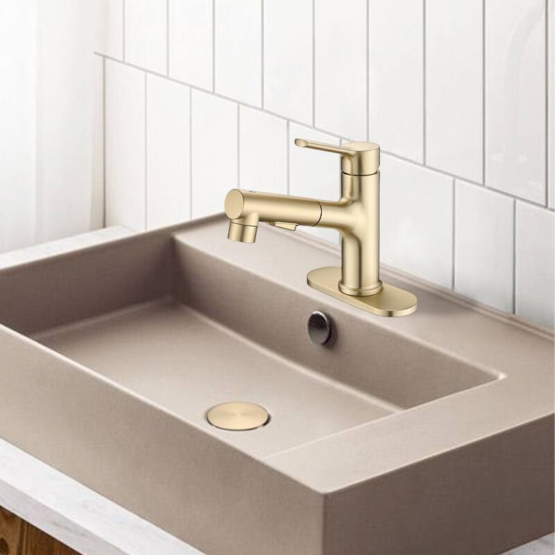 Modern Single Handle Bathroom Sink Faucet with Pop Up Drain and Pull Out Sprayer, 3 Function Spray, Fingerprint Resistant - Yellow
