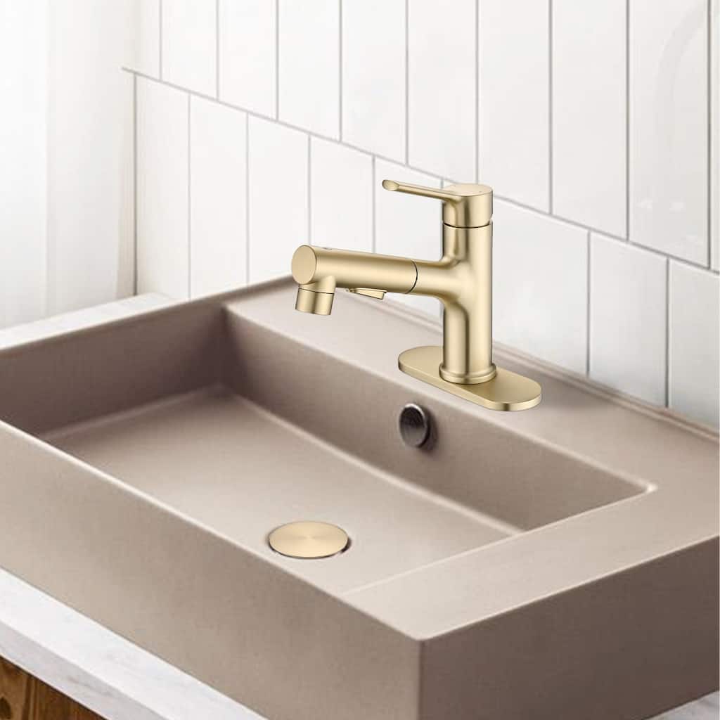 Modern Single Handle Bathroom Sink Faucet with Pop Up Drain and Pull Out Sprayer, 3 Function Spray, Fingerprint Resistant