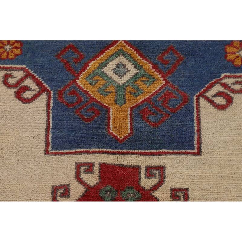 Ivory Geometric Kazak Area Rug Hand-Knotted Wool Carpet - 8'0" x 10'6"