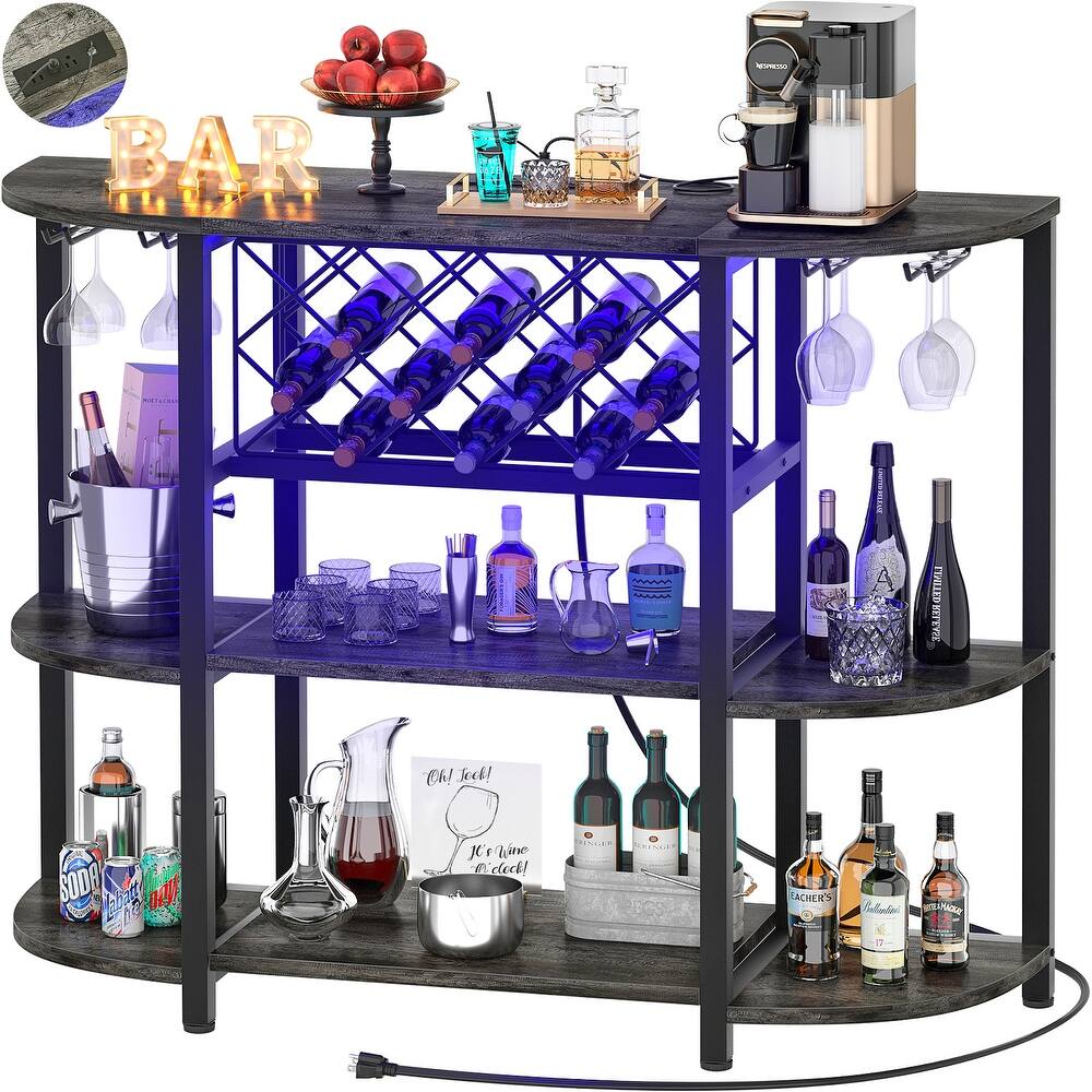 4-Tier Wine Bar Cabinet with Outlet and LED Light,Freestanding Bar Table with Glass Holder and Wine Storage