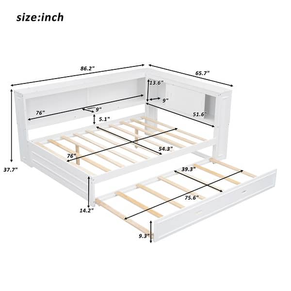 dimension image slide 0 of 2, Full Size Wood Daybed with Storage Shelves,USB,LED Design,With Twin Size Trundle
