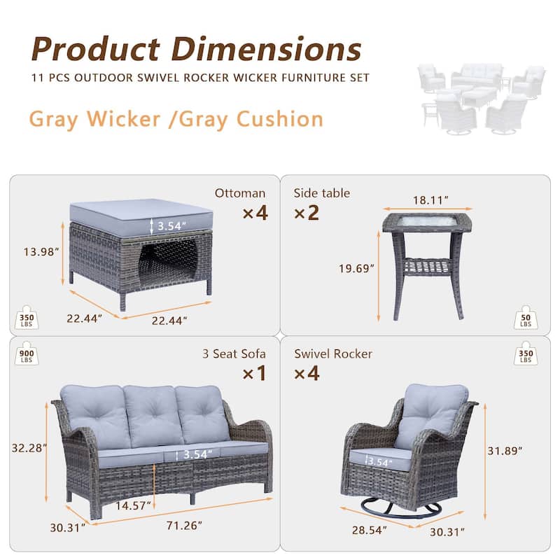 11 Piece Rattan Wicker Outdoor Patio Furniture with Swivel Chairs Set