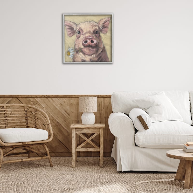 Stupell Pig Holding Daisy Sprig Framed Giclee Art Design By Sara G. Designs