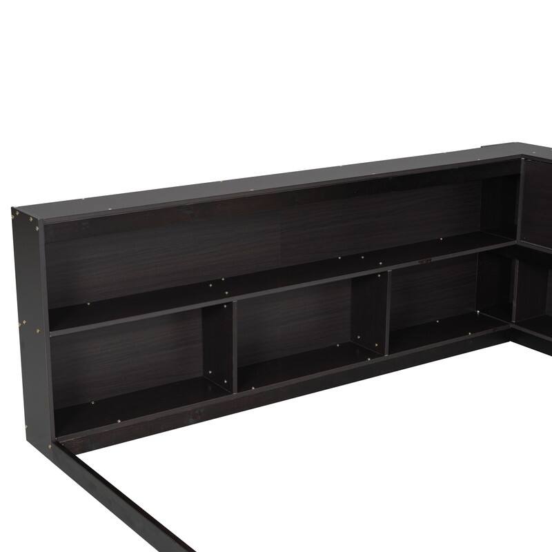 Full Size Wood Floor Bed with L Shape Bookcases,Without Slats