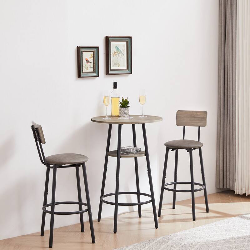 Round Bar Stool Set with Storage Shelf and Backrest - 35.43" Counter Height Stools