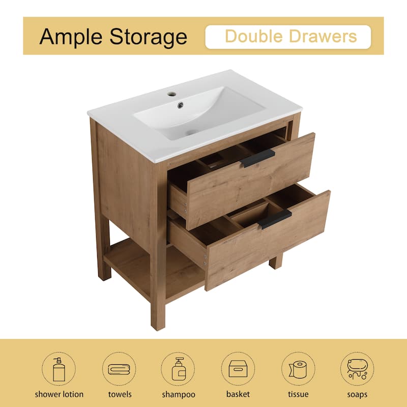 Malwee 30" FreeStanding Bathroom Vanity, Floor Stand Bathroom Vanity with Ceramic Sink,2 Soft Close Drawers