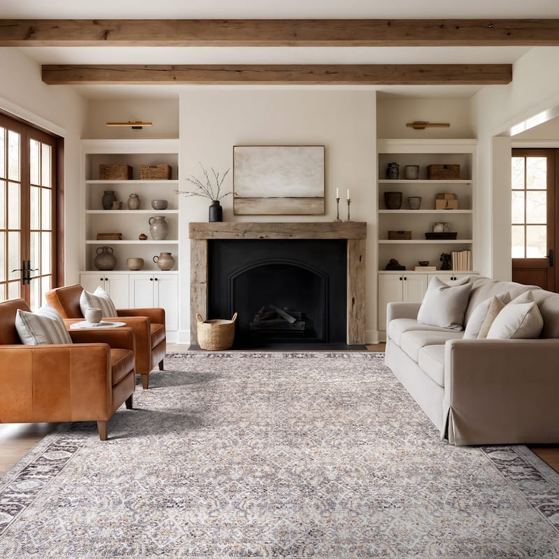 Beige Vintage Washable Rug - Low Pile, Subtle Pattern for Neutral Spaces - Gray - 10' x 14'