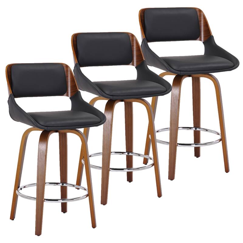 Mid-Century Faux Leather and Wood 26" Counter Stool with Swivel, Set of 3