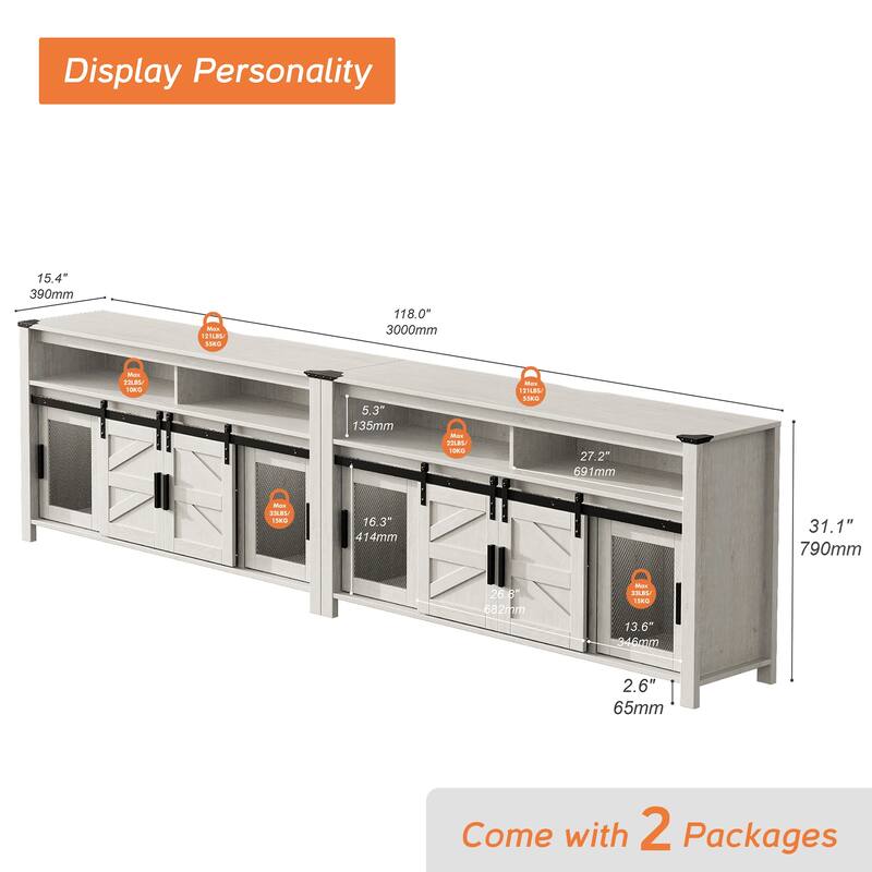 LED Farmhouse Entertainment Center with Mesh and Barn Doors, 31" H
