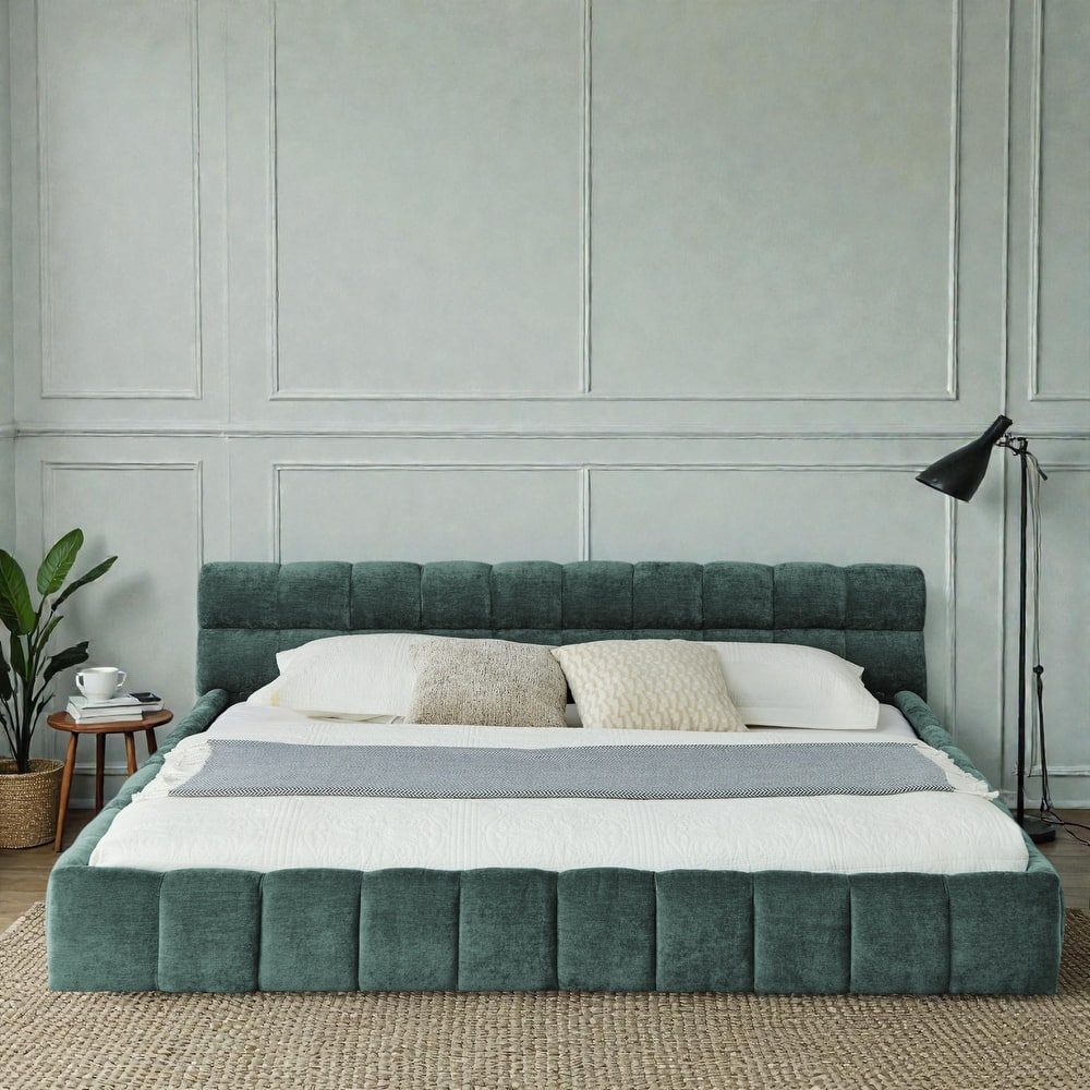 King Upholstered Platform Bed Frame with Thick Chenille Fabric, Grounded Modern Bed with Headboard, No Box Spring Needed