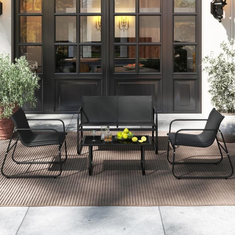 4 Piece Black Fabric Metal Outdoor Conversation Set with Table and Chairs - Table: 33.5" × 18" × 16" (L × W × H)