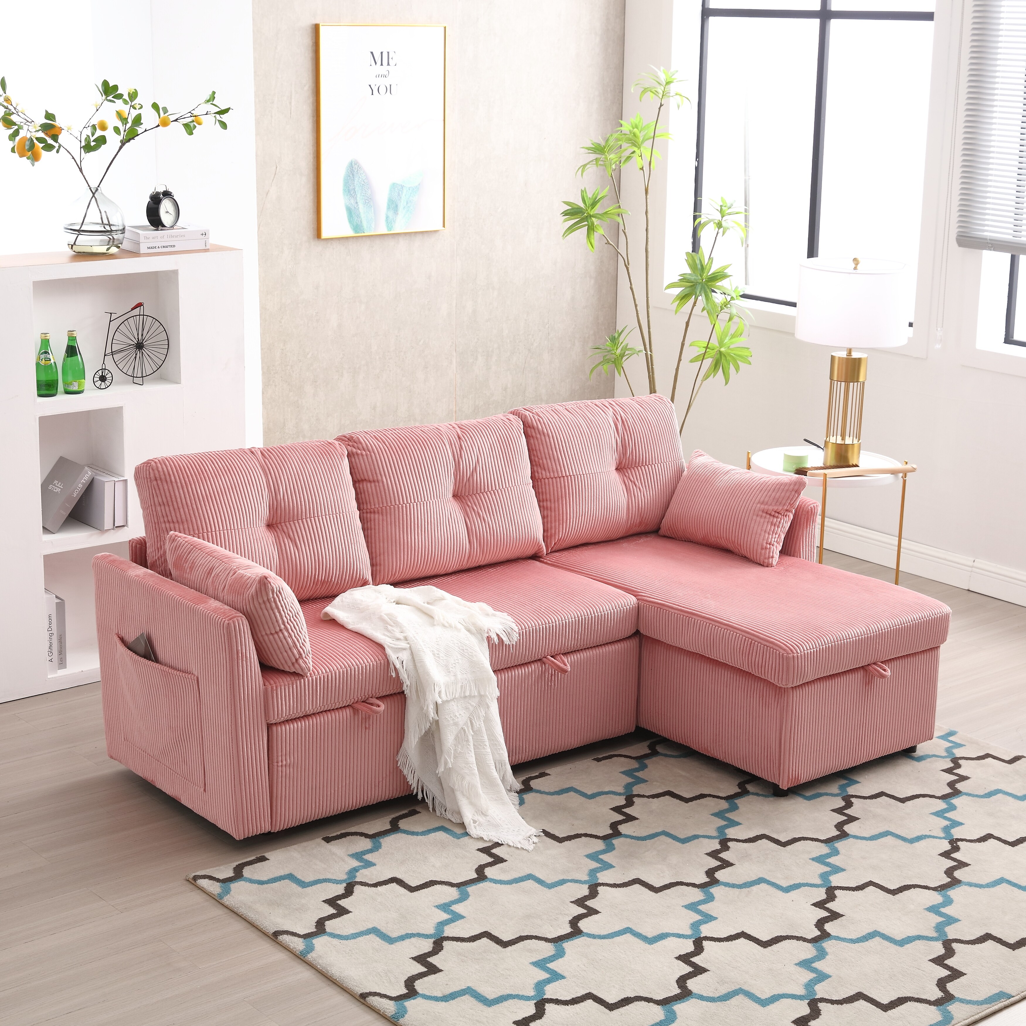 Corduroy L Shaped Modular Sectional Sofa with Storage Chaise Pink Reversible