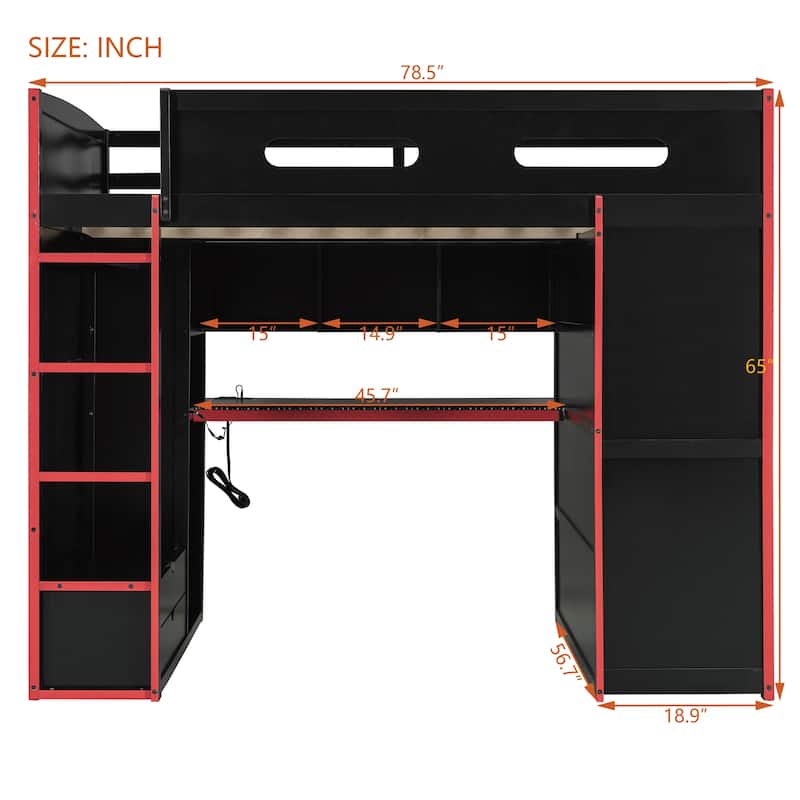 Full Size Wood Loft Bed with Desk & Wardrobe - Ample Storage and RGB Light