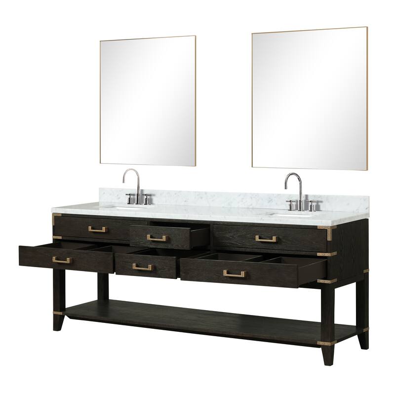 Lexora Norwalk Bath Vanity, Carrara Marble Top, Faucet Set, and Mirror