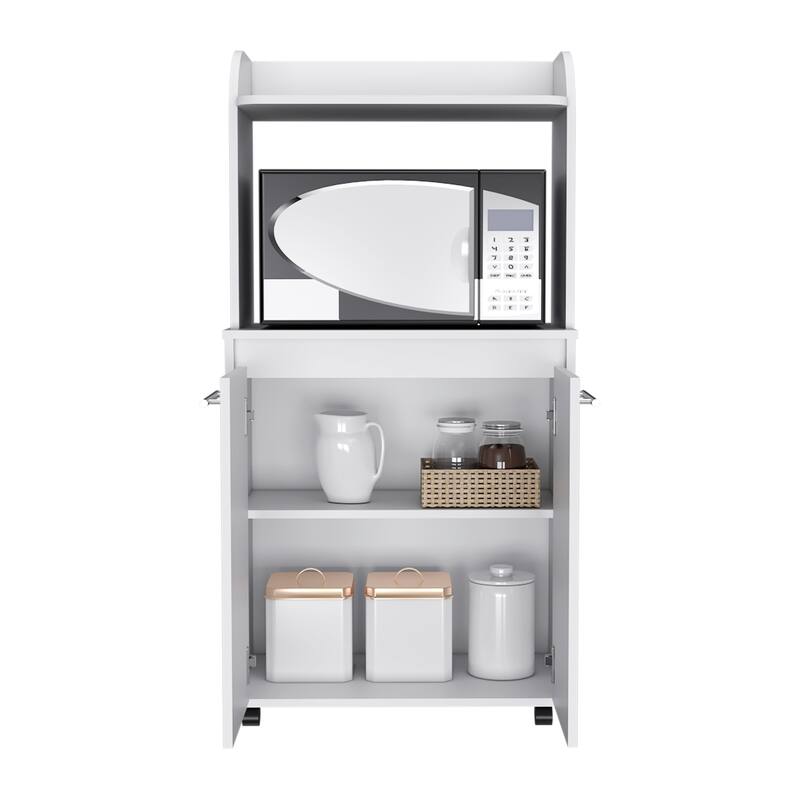 2-Tier Kitchen Island Cart, Rolling Microwave Oven Stand with Open Shelf and Double Door Cabinet