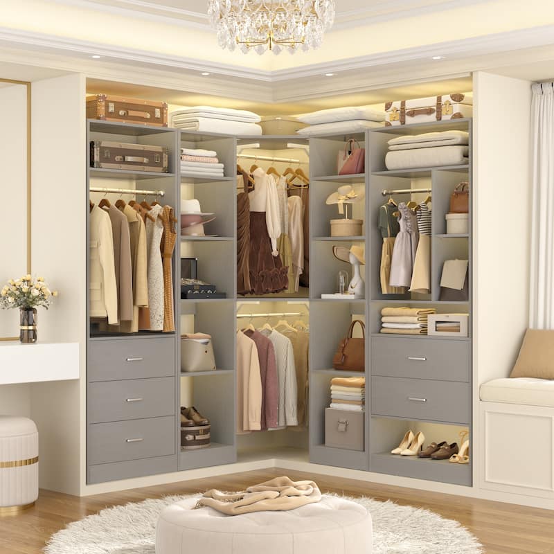 Kyrvo Corner Closet System with 5 Wooden Drawers & 12 Shelves, Freestanding Closet Organizer System for Walk-in/Reach-in Closet - Grey