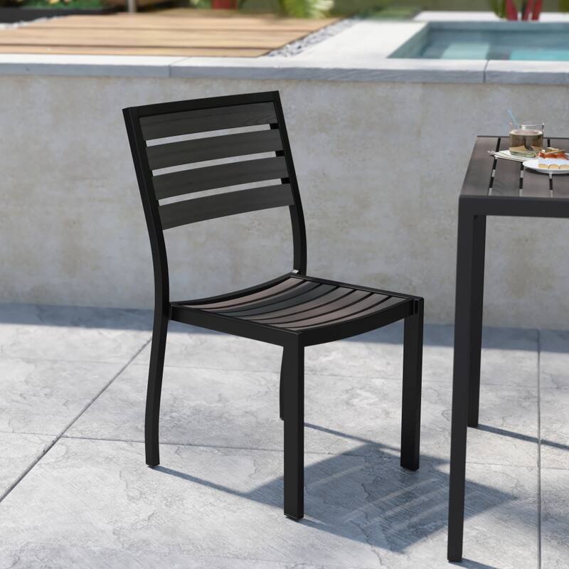 2 Pack Outdoor Faux Teak Side Chair with Poly Slats - Teak Patio Chair - Gray Wash Teak