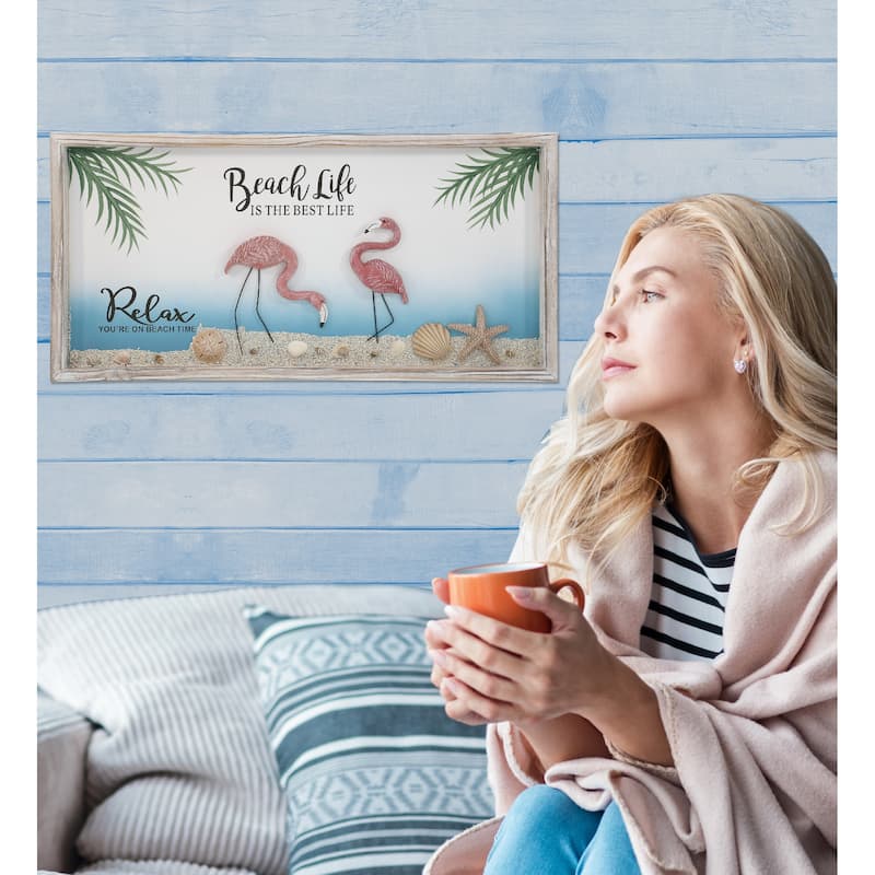 CoTa Global Handmade Driftwood Flamingo Beach Life Wall Decor - 24×11.75 Inches
