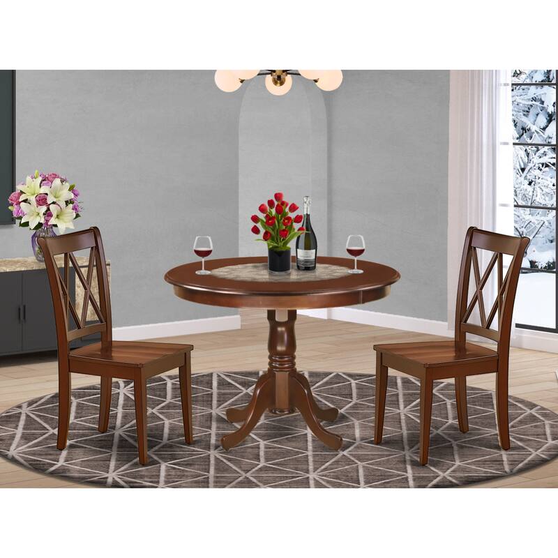 East West Furniture Kitchen Table Set - a Round Dining Table with Pedestal and Dining Chairs, Mahogany(Pieces Options) - HLCL3-MAH-W
