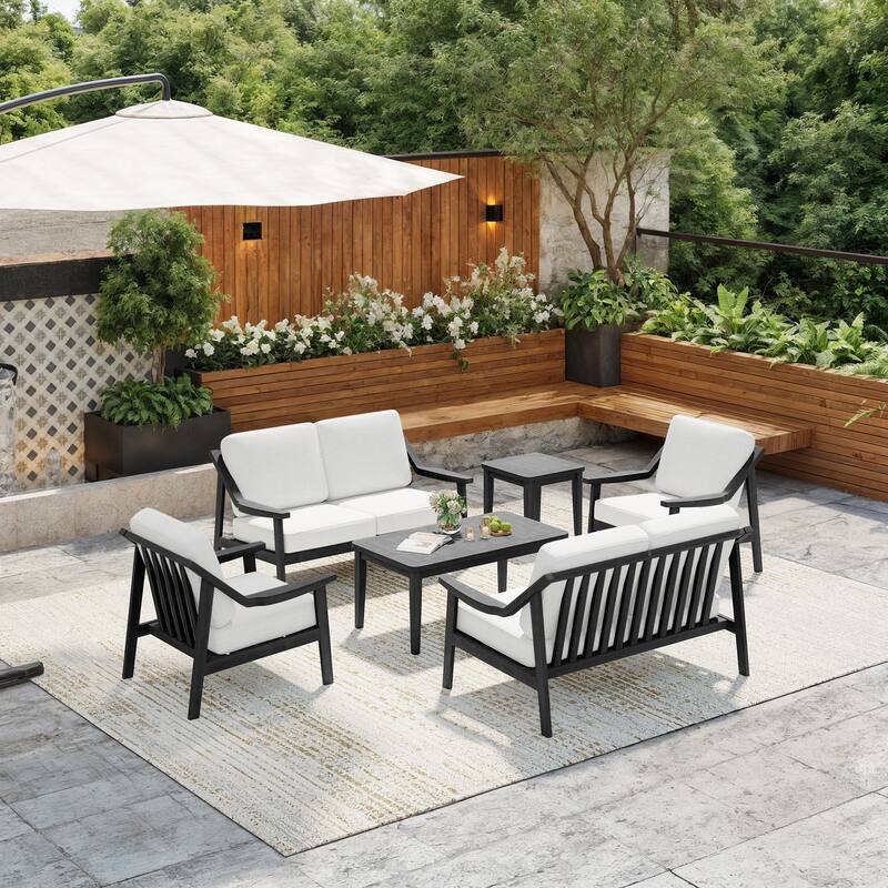 6-piece Wood Patio Chat Set Teak Conversation Set with Cushion
