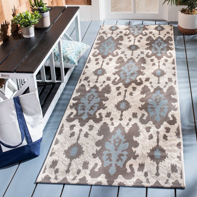 SAFAVIEH Courtyard Louann Indoor/ Outdoor Waterproof Patio Backyard Rug - 2'7" x 8'2" Runner - Beige Dark Beige/Aqua Weft