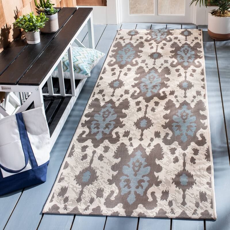 SAFAVIEH Courtyard Simonetta Indoor/ Outdoor Waterproof Patio Backyard Rug - 2'7" x 8'2" Runner - Beige Dk Beige/Aqua Weft