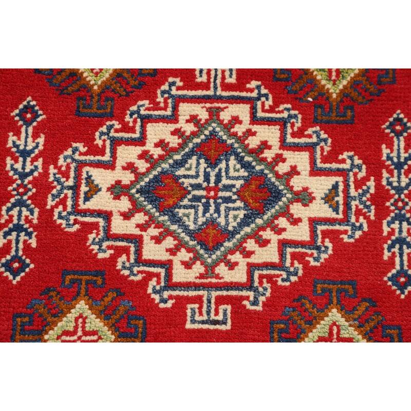 Geometric Red Kazak Oriental Accent Rug Bedroom Handmade Wool Carpet - 2'8" x 4'3"