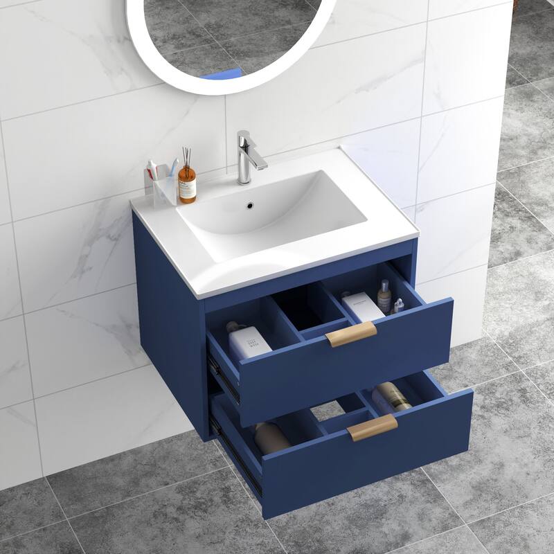 24" Floating Wall Mounted Bathroom Vanity With White Ceramic Sink And Drawer Storage