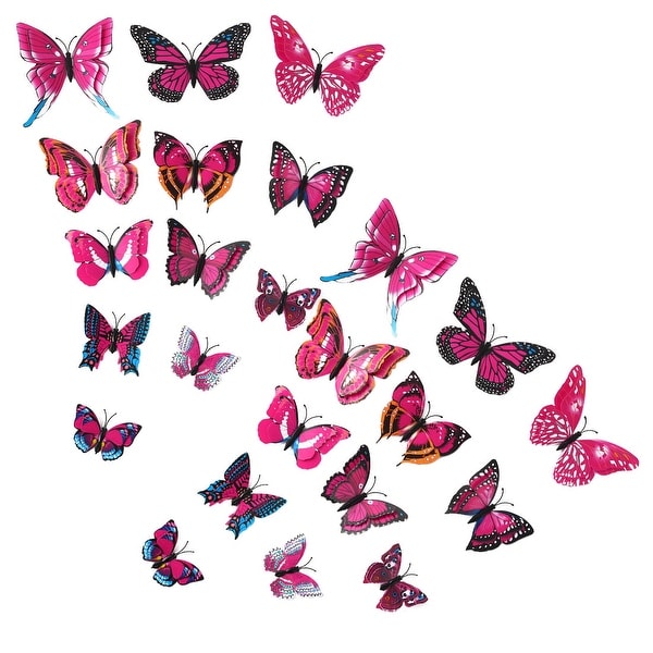 24pcs 3D Butterfly Wall Sticker Decal with Double Wings with Sticker Fushia