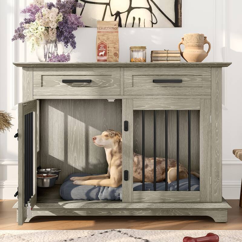 2 Doors Decorative Pet Cage Dog House with 2 Storage Drawers and Rotating Bowls, Wooden Large Dog Crate Furniture